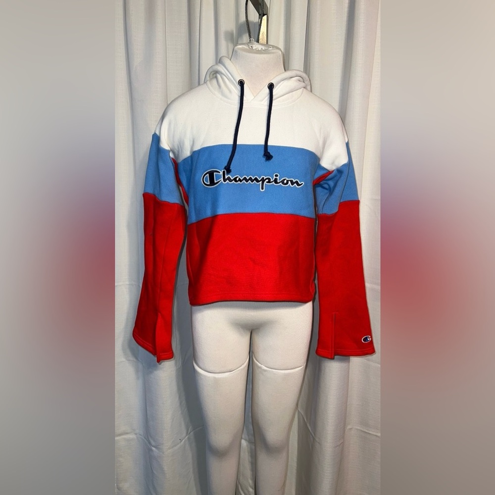 Champion Sweatshirt Women's S Small Blue Red White Hood Hoodie Crop Sport [J-38]